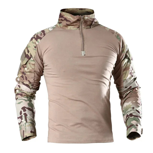 Outdoor Tactical Hiking T-Shirt, Men's Combat Army CP Camouflage Long Sleeve Hunting Climbing Shirt, Cotton Sportswear