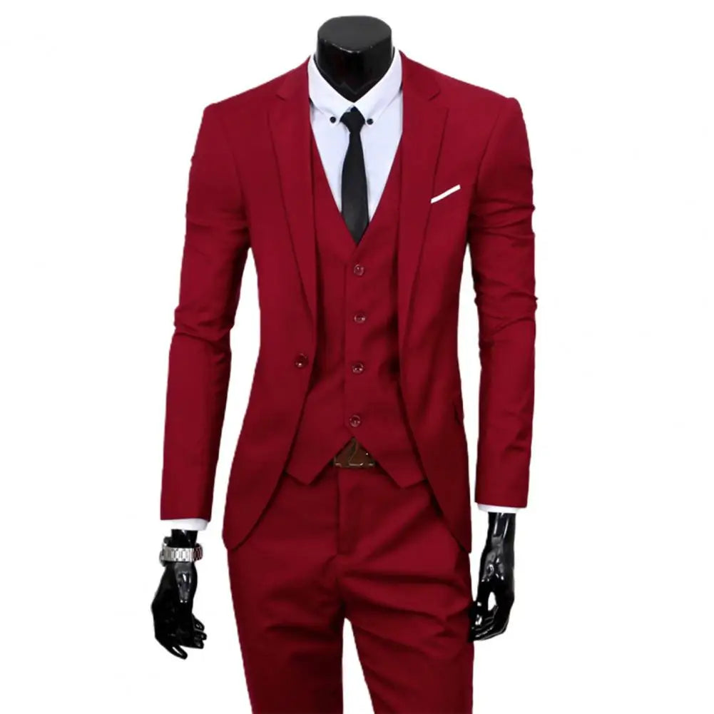 Male Business Suit 3 Piece Slim Fit Zipper Solid Color Men Formal Suit Evening Prom Wedding Suit Set Slim Fit Pants Vest Set