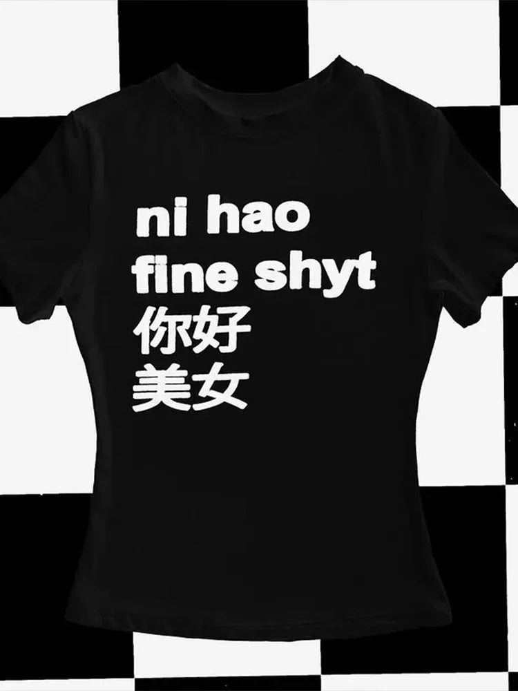 Retro Letter Pattern T-shirt Grunge Punk Rock Aesthetic Y2K Slim Fit Versatile Harajuku High Street Women Short Sleeve T-shirts