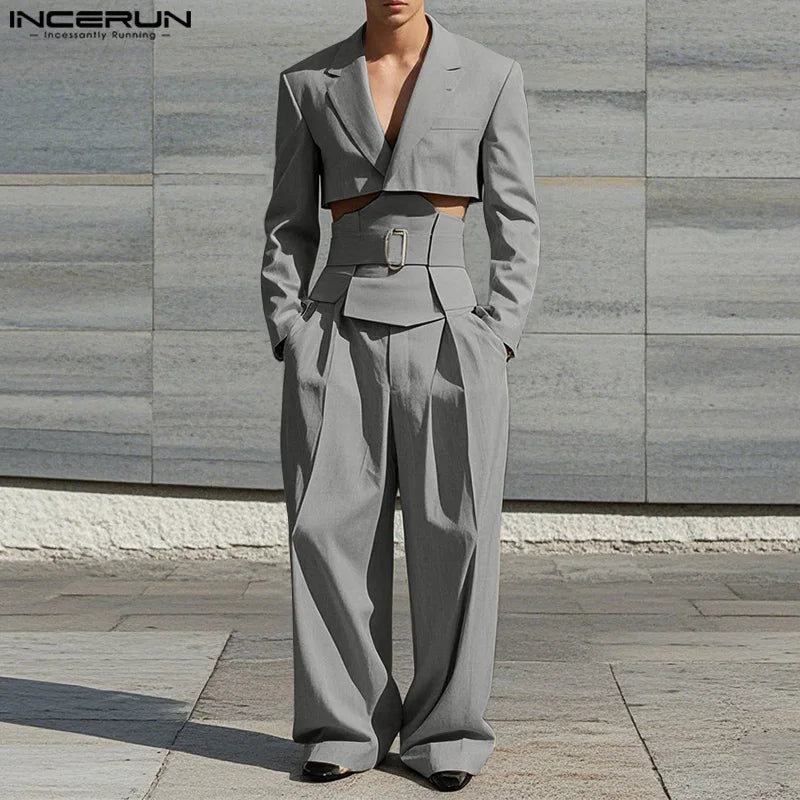 INCERUN Spring Autumn Men's Sets Long Sleeve Tops Solid Wide Leg Pants Men's Clothing Two-piece Sets Casual Suits Streetwear