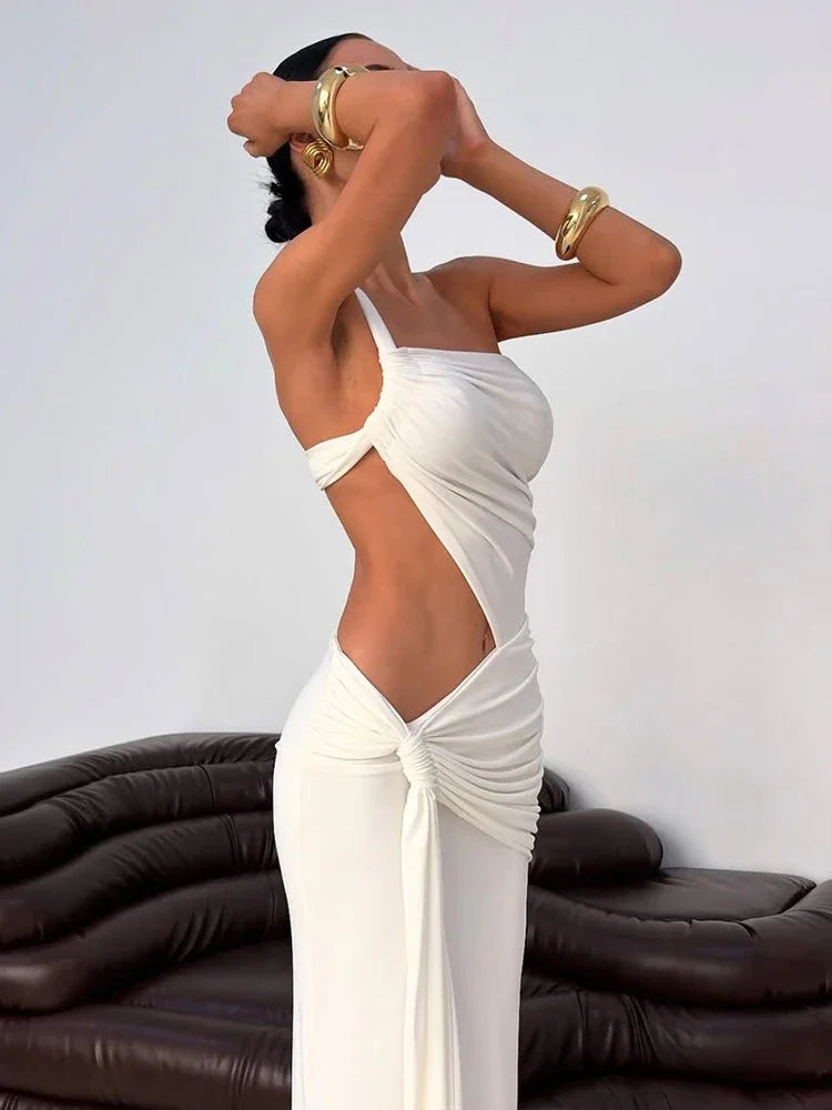 Leosoxs Backless Hollow Dress Women One Shoulder Irregular Pleated Solid Tassel Patchwork Midnight Clubwear Party Vestidos