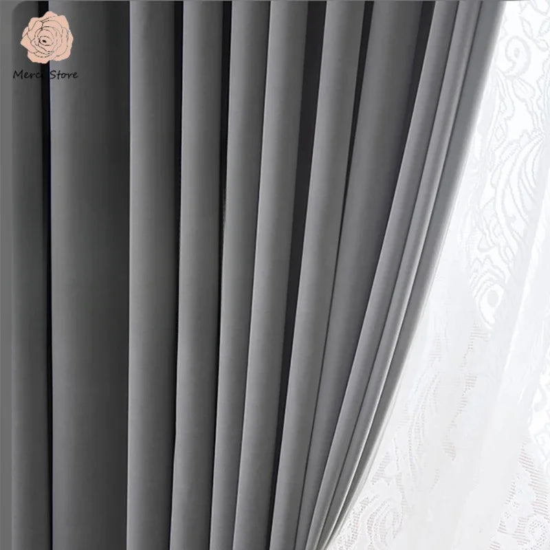 Gray Velvet Curtains Luxury Soft Chenille Blackout for Living Room Bedroom Thermal Insulation Woolen Fabric Elegant Home Decor