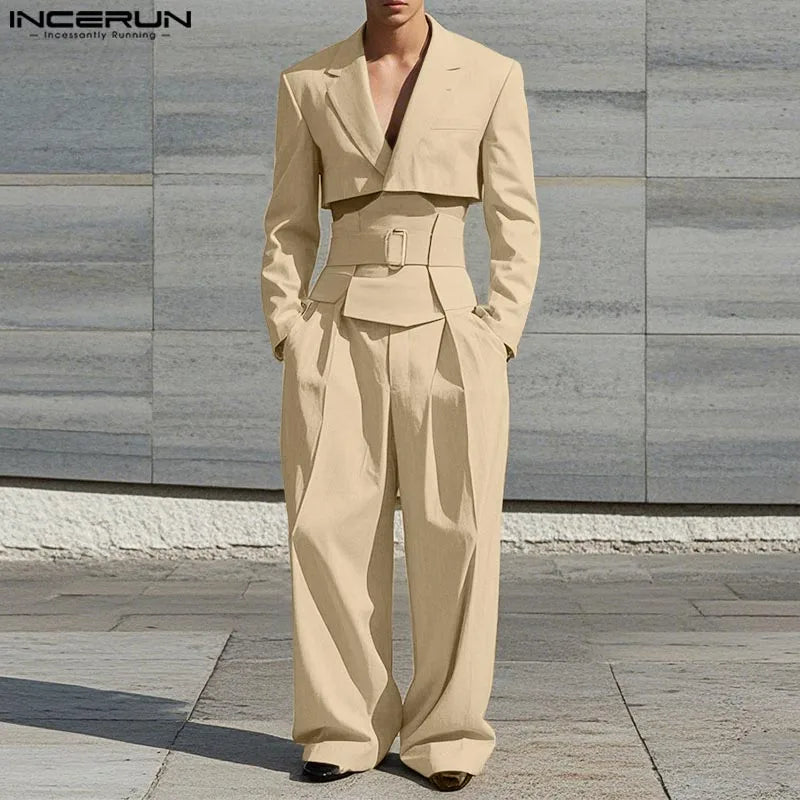 INCERUN Spring Autumn Men's Sets Long Sleeve Tops Solid Wide Leg Pants Men's Clothing Two-piece Sets Casual Suits Streetwear
