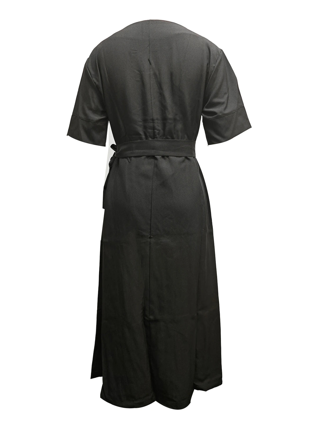 Elegant Boat Neck Half Sleeve Wrap Style Midi Dress With Waist Tie Belt And Textured Fabric Perfect For Office Wear Formal Event