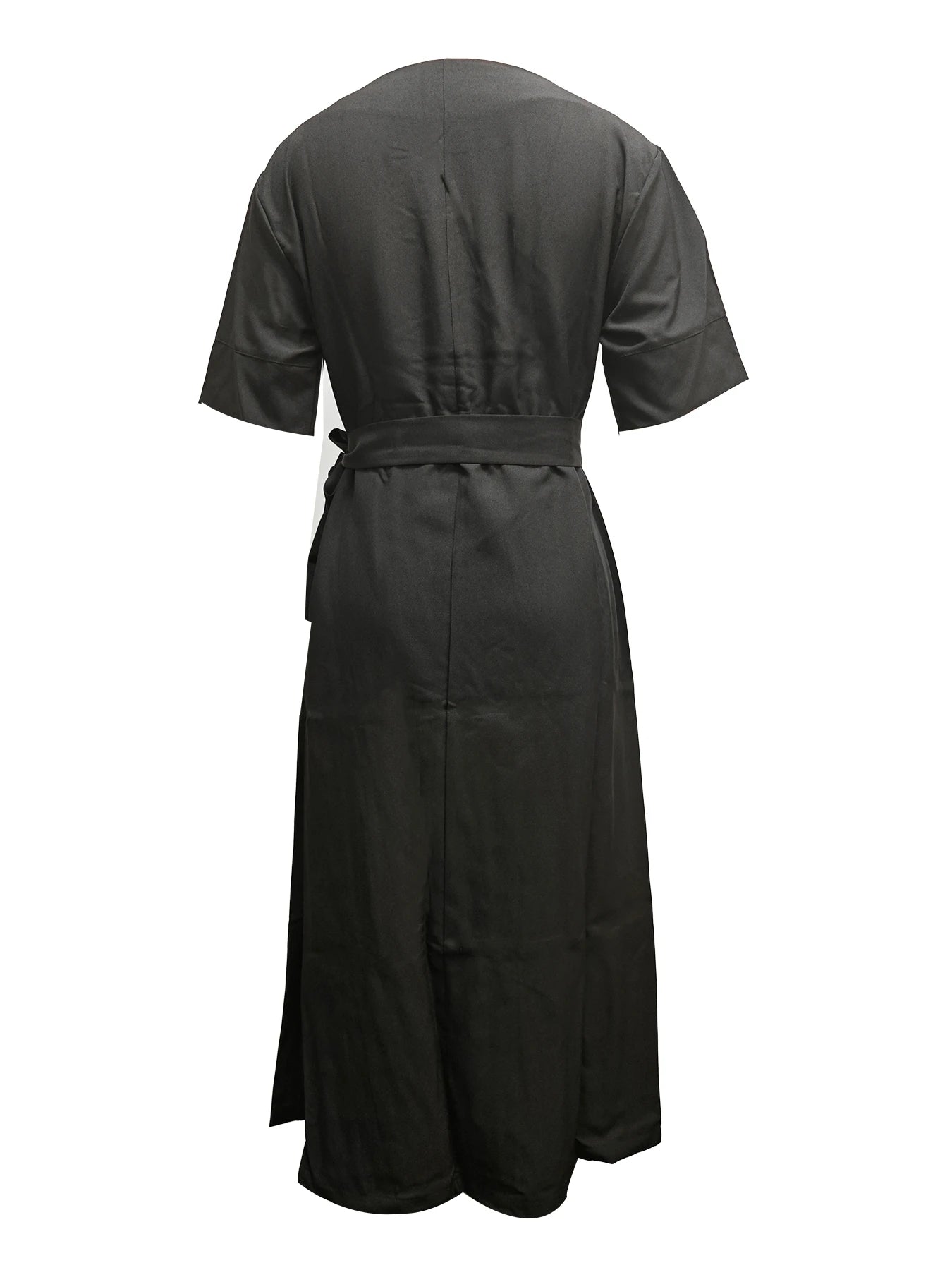 Elegant Boat Neck Half Sleeve Wrap Style Midi Dress With Waist Tie Belt And Textured Fabric Perfect For Office Wear Formal Event