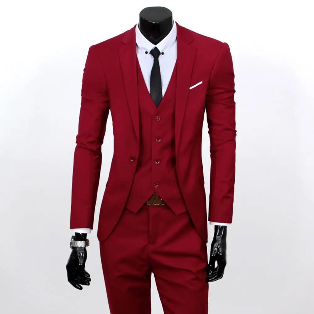 Male Business Suit 3 Piece Slim Fit Zipper Solid Color Men Formal Suit Evening Prom Wedding Suit Set Slim Fit Pants Vest Set