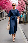 Elegant Boat Neck Half Sleeve Wrap Style Midi Dress With Waist Tie Belt And Textured Fabric Perfect For Office Wear Formal Event
