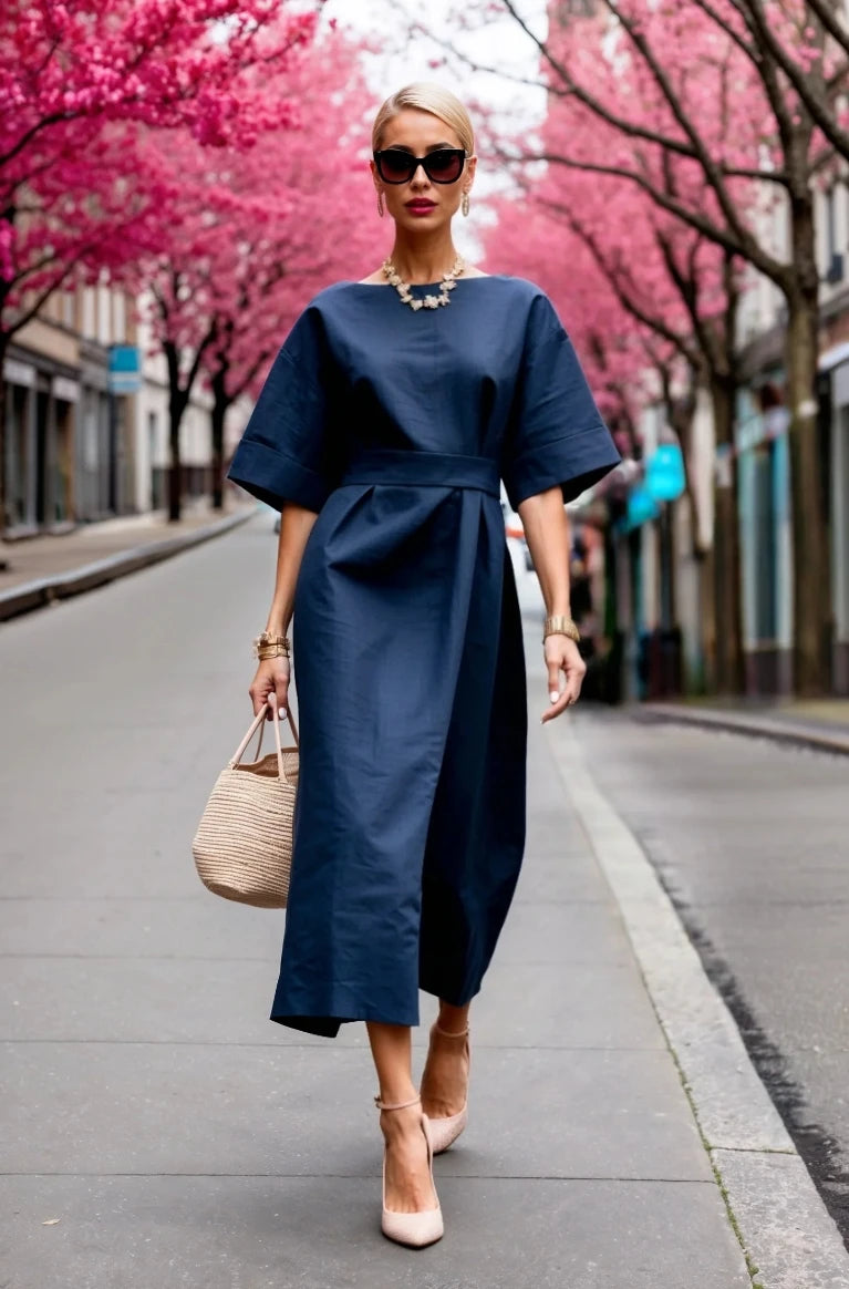 Elegant Boat Neck Half Sleeve Wrap Style Midi Dress With Waist Tie Belt And Textured Fabric Perfect For Office Wear Formal Event