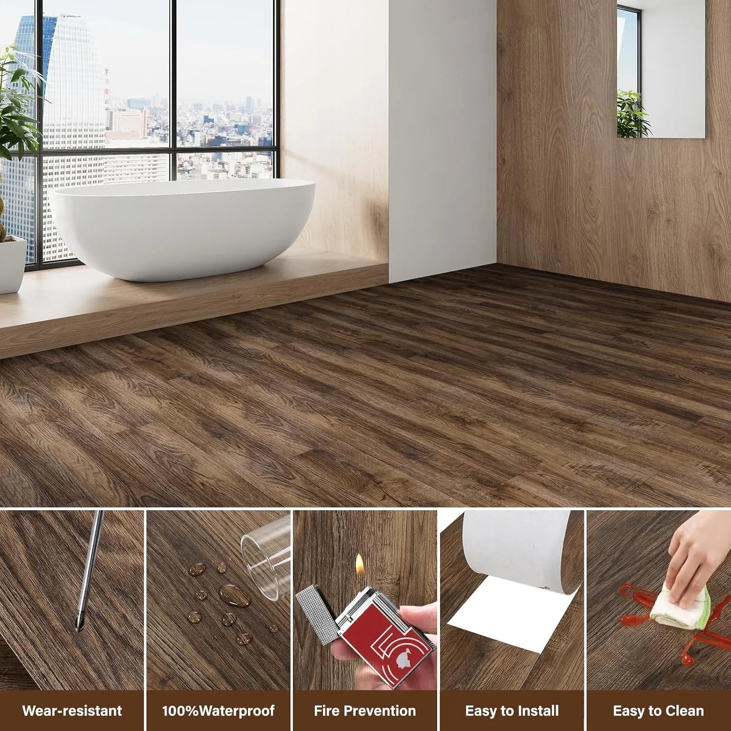 10 pcs 15x40cm wood grain PVC floor tiles, self-adhesive wear-resistant flooring, suitable for bedroom and home decoration