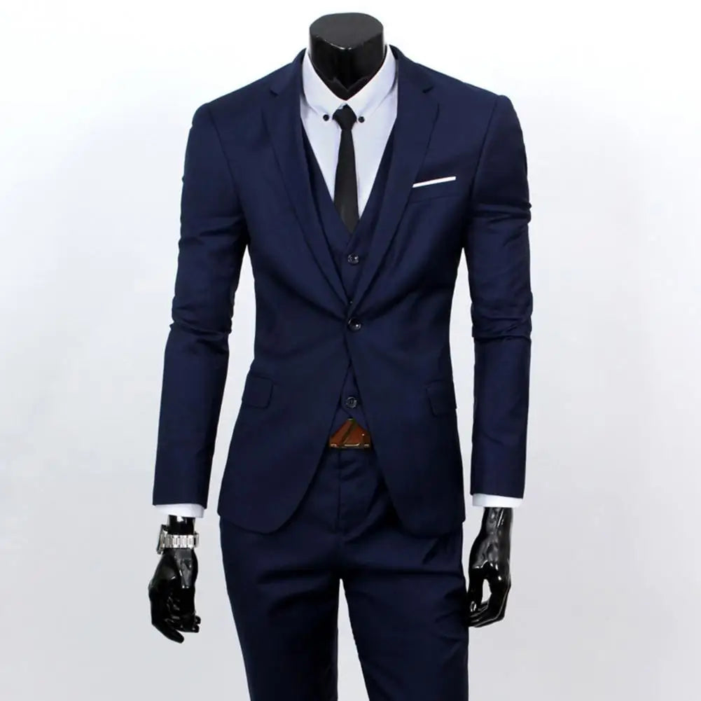 Male Business Suit 3 Piece Slim Fit Zipper Solid Color Men Formal Suit Evening Prom Wedding Suit Set Slim Fit Pants Vest Set