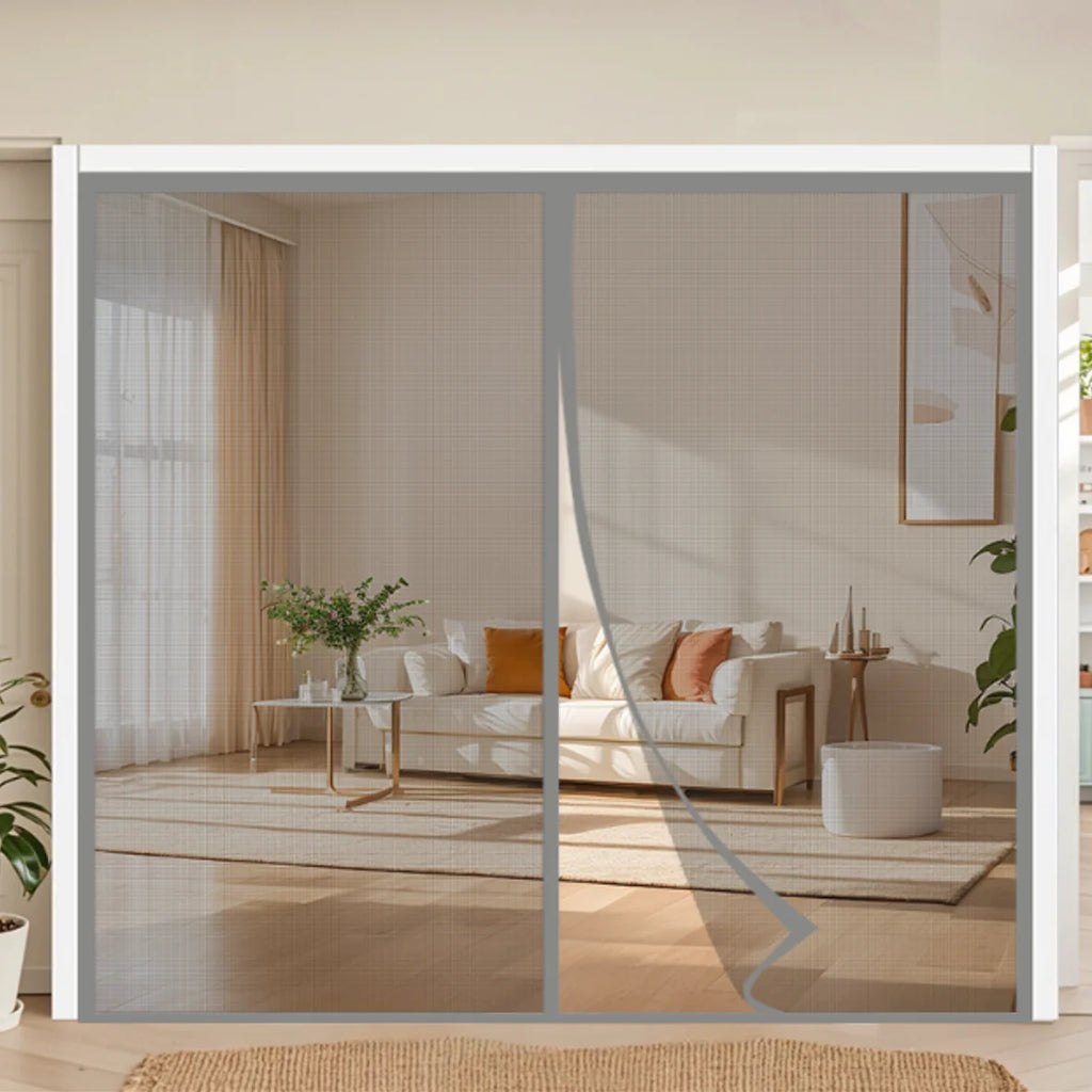 Grey Summer Magnetic Screen Door No-Drill Fiberglass Mesh Mosquito-Proof Breathable Decorative Home Screen Door Curtain