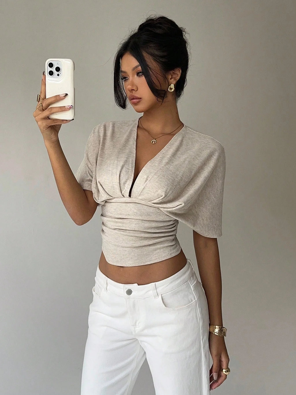 Women's Summer Apricot Deep V-Fold Short Sleeve Tight fitting Women's T-shirt