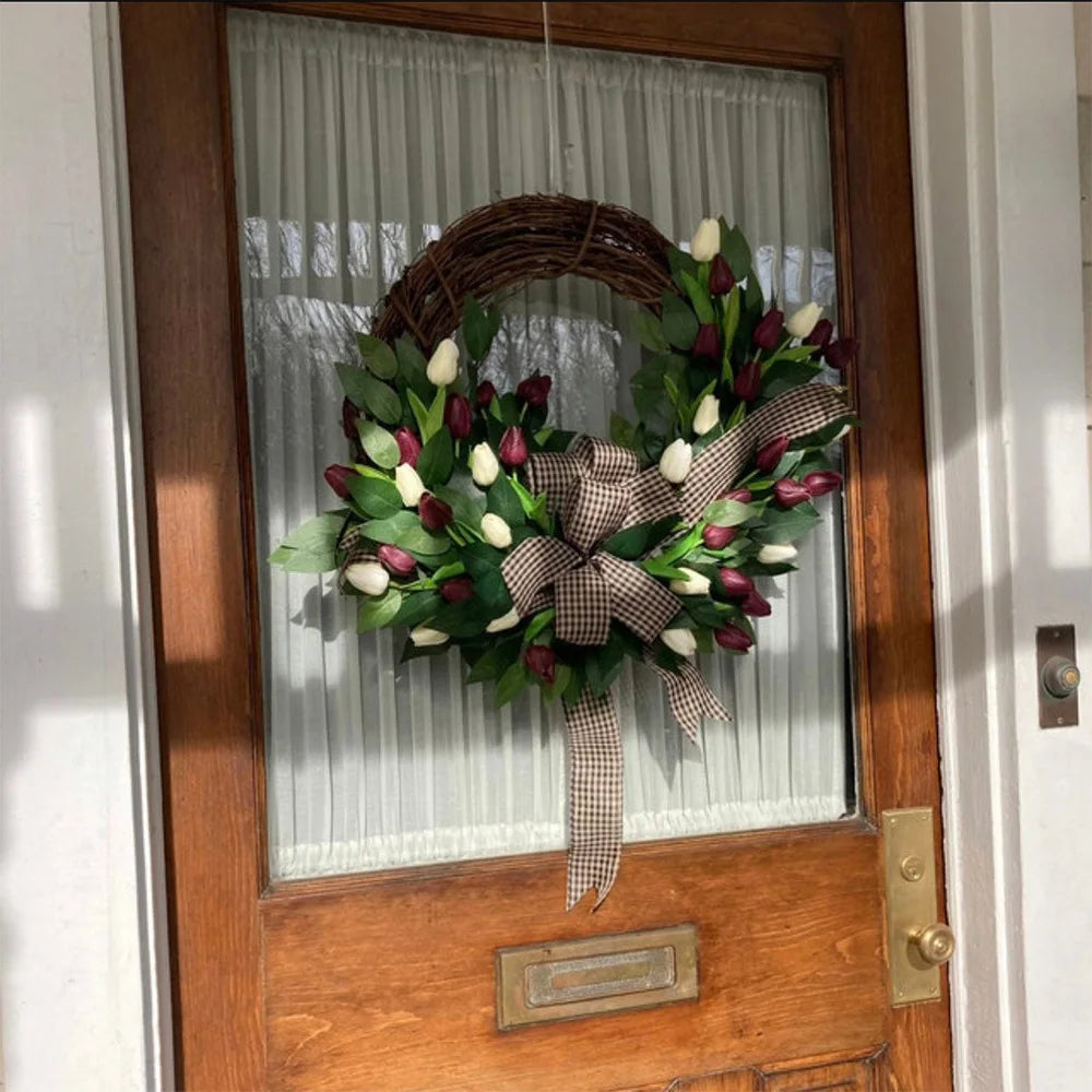 Spring Tulip Wreath, Door Hanging Decoration, Home Decoration Pendant, Festival Party Decoration Simulation Flower