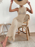 Fashionable and elegant hollow out dress with round neck and waist clip skirt, sleeveless slim fit woolen dress for women