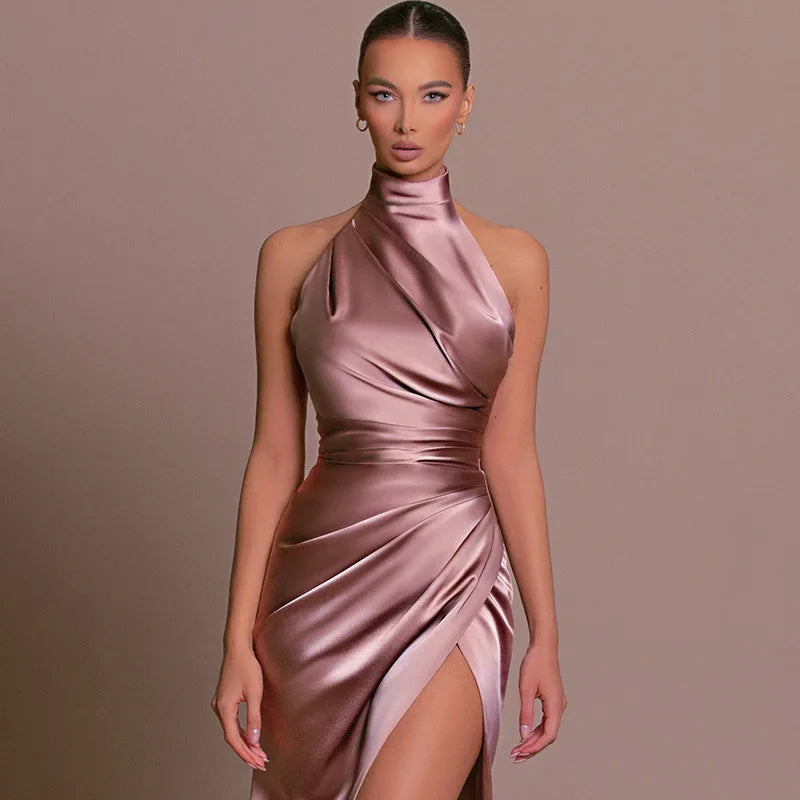 2026 Retro Style  Satin Halter Maxi Dress Elegant Waist Slimming High Slit Party Formal Events Solid Color Minimalism Long Skirt