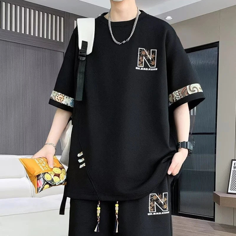 2025 New Men's Oversized Suit Korean High Street Fashion T-shirt Shorts 2 piece Set Men Trendy O Neck Top Designer Clothes Men