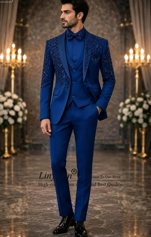 Handmade Ornament Stone Tuxedos Men Suit Customized 3 Pieces Sets Groom Male Blazers Wedding Slim Party Man Clothes ropa hombre