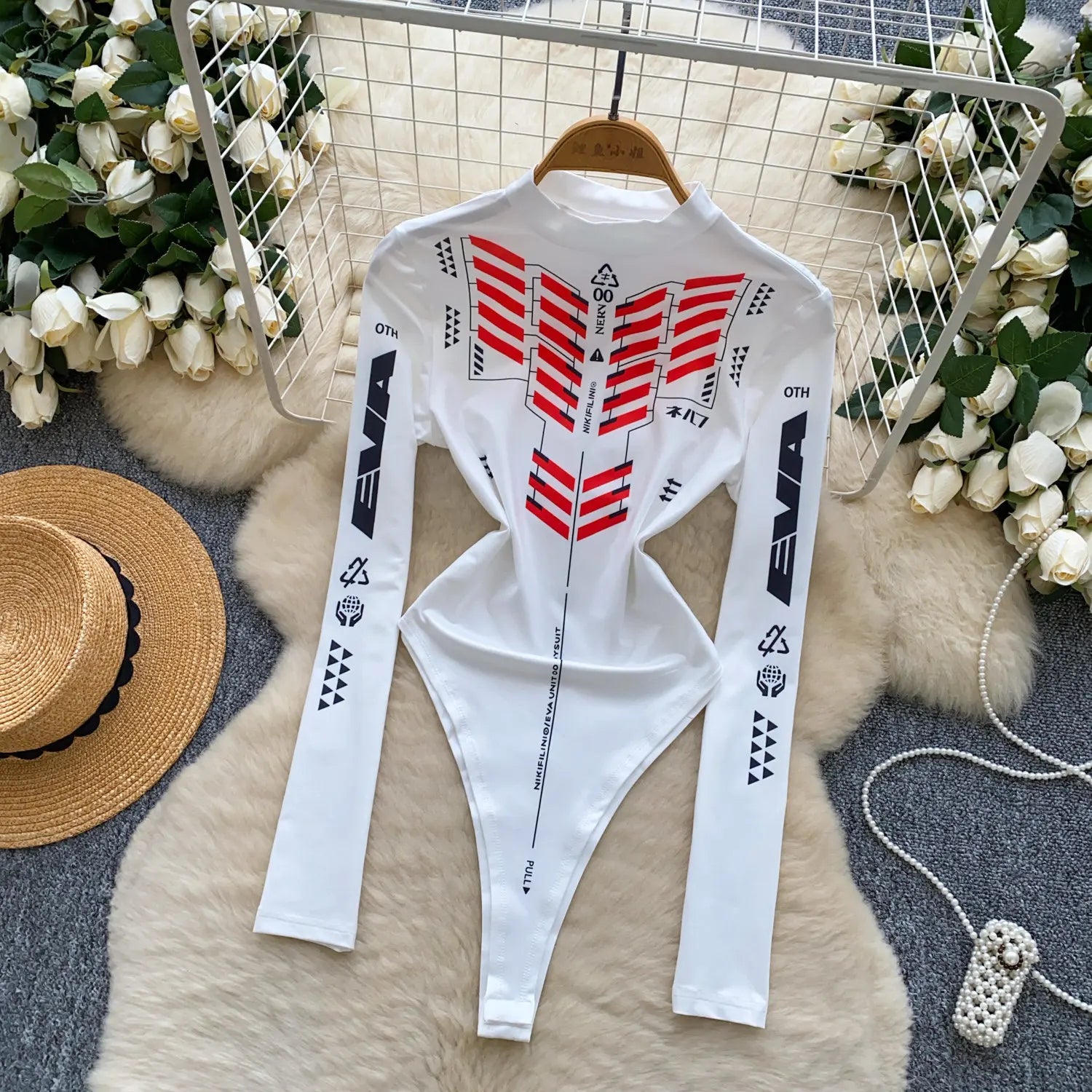 Spring Summer Bodysuit Women Motorcycle Suit Print Mock Neck Slim Long Sleeve Stretchy Jumpsuit Top T-shirt Moto Biker 63930