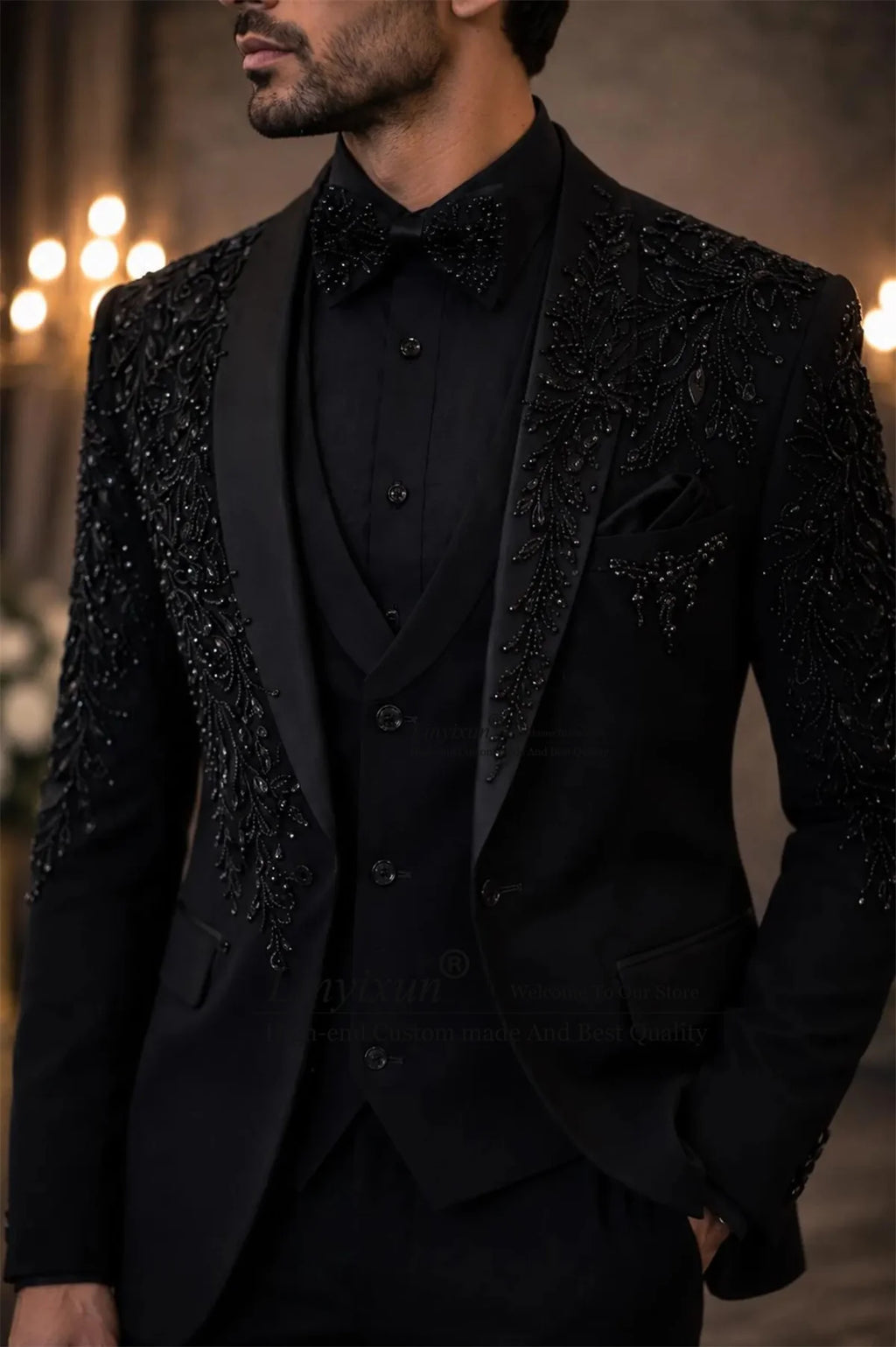 Handmade Ornament Stone Tuxedos Men Suit Customized 3 Pieces Sets Groom Male Blazers Wedding Slim Party Man Clothes ropa hombre