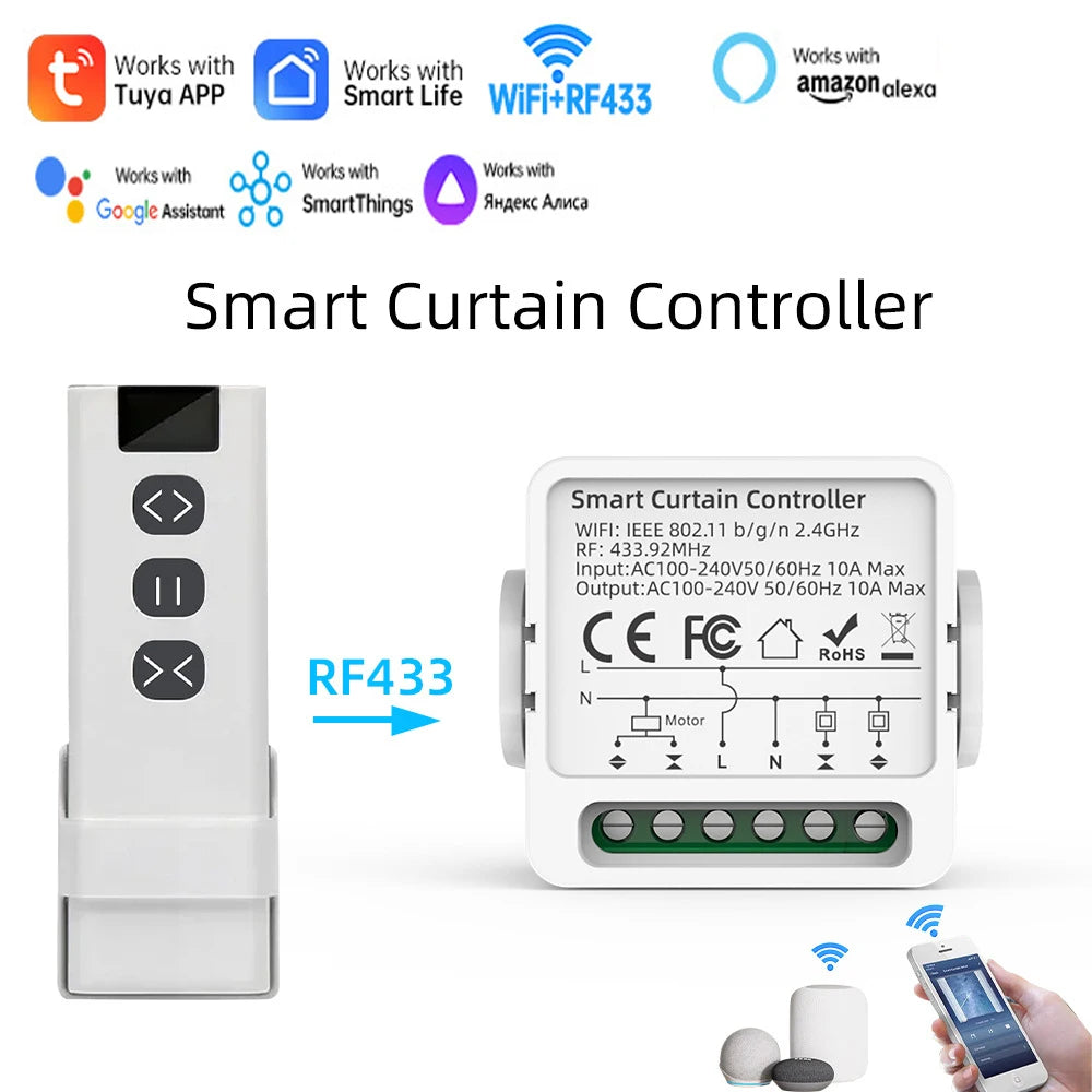 Tuya Smart WiFi Curtain Switch Blind Rolling Shutter RF433MHz Remote Control For Smart Life App Support Google Home Alexa