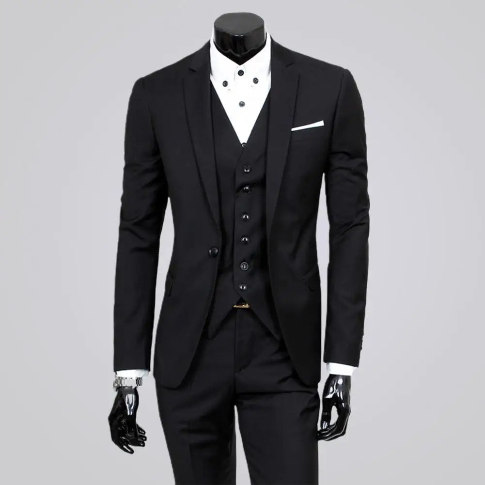 Male Business Suit 3 Piece Slim Fit Zipper Solid Color Men Formal Suit Evening Prom Wedding Suit Set Slim Fit Pants Vest Set