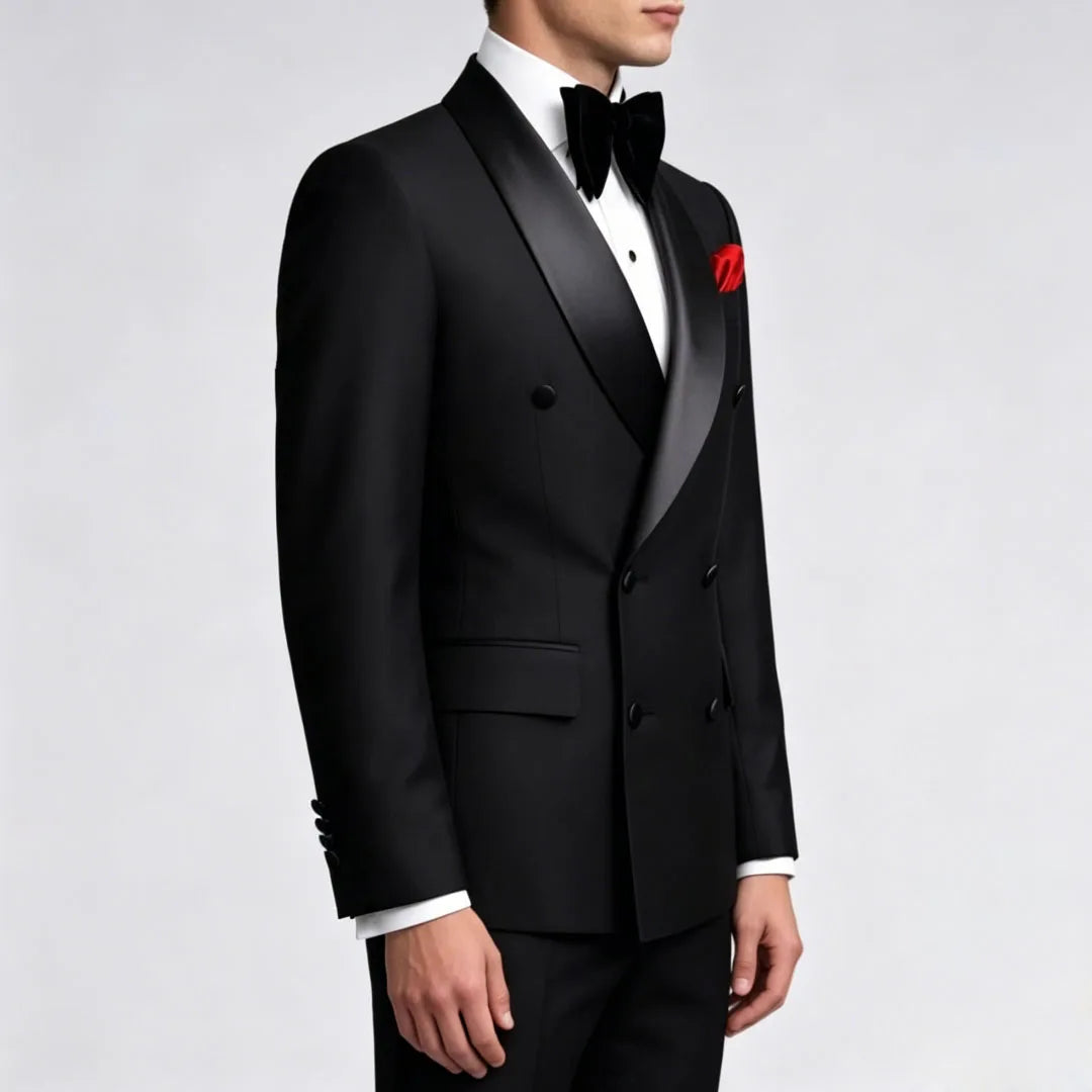 Men Suit Black 2 Pieces Double Button With Black Lapel For Wedding Groom Business Birthday Banquet Work Suit Jacket And Pants