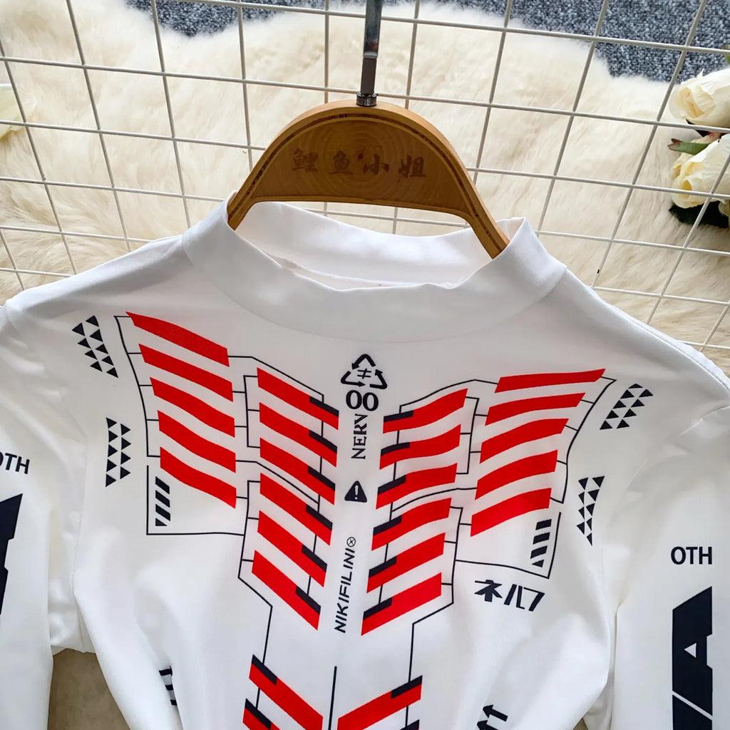 Spring Summer Bodysuit Women Motorcycle Suit Print Mock Neck Slim Long Sleeve Stretchy Jumpsuit Top T-shirt Moto Biker 63930