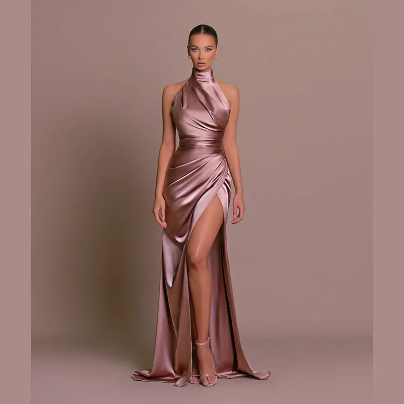 2026 Retro Style  Satin Halter Maxi Dress Elegant Waist Slimming High Slit Party Formal Events Solid Color Minimalism Long Skirt