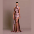 2026 Retro Style  Satin Halter Maxi Dress Elegant Waist Slimming High Slit Party Formal Events Solid Color Minimalism Long Skirt