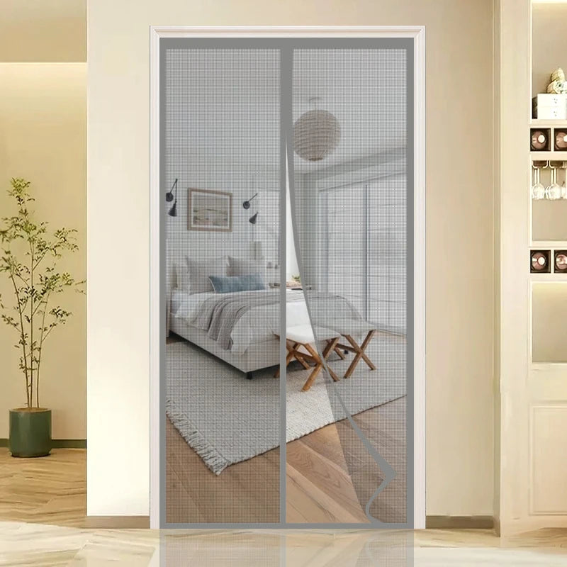 Grey Summer Magnetic Screen Door No-Drill Fiberglass Mesh Mosquito-Proof Breathable Decorative Home Screen Door Curtain