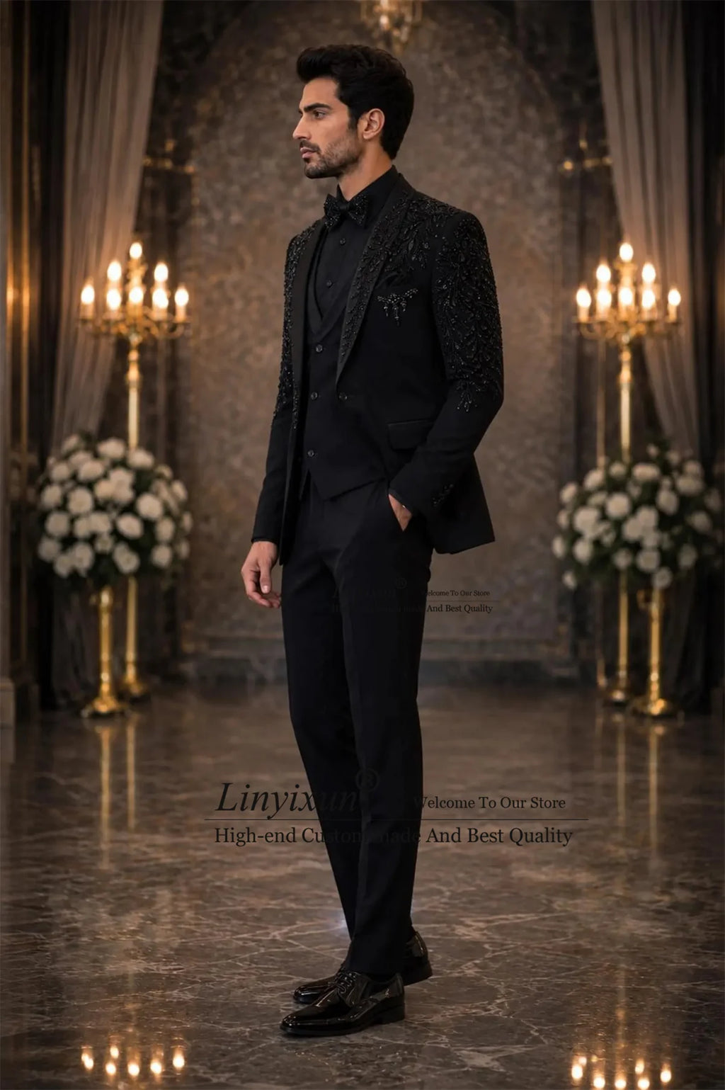 Handmade Ornament Stone Tuxedos Men Suit Customized 3 Pieces Sets Groom Male Blazers Wedding Slim Party Man Clothes ropa hombre