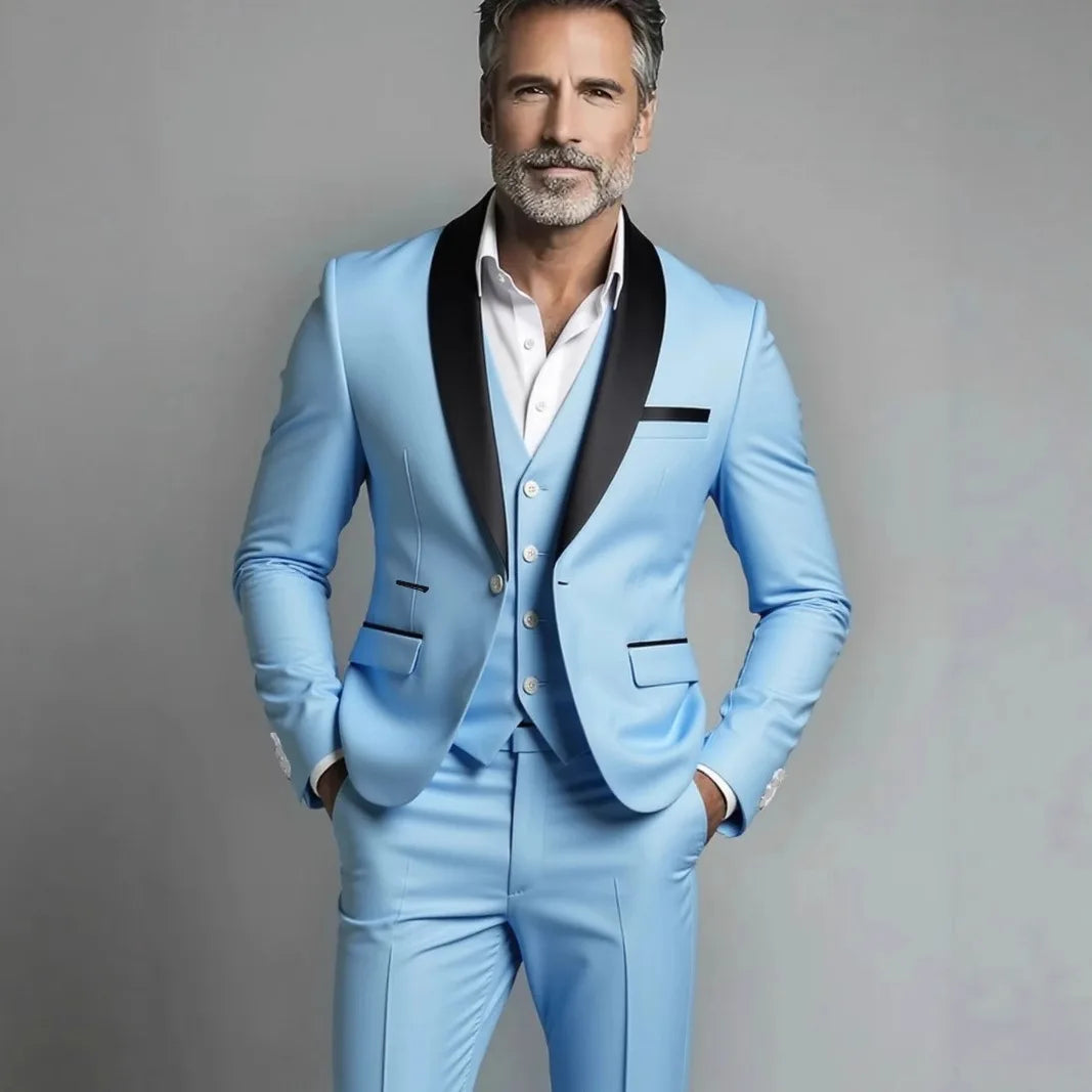 Black White Men Autumn Wedding Party Three Pieces Set Large Size Male Blazer Coat Pants and Vest Fashion Slim Fit Suit