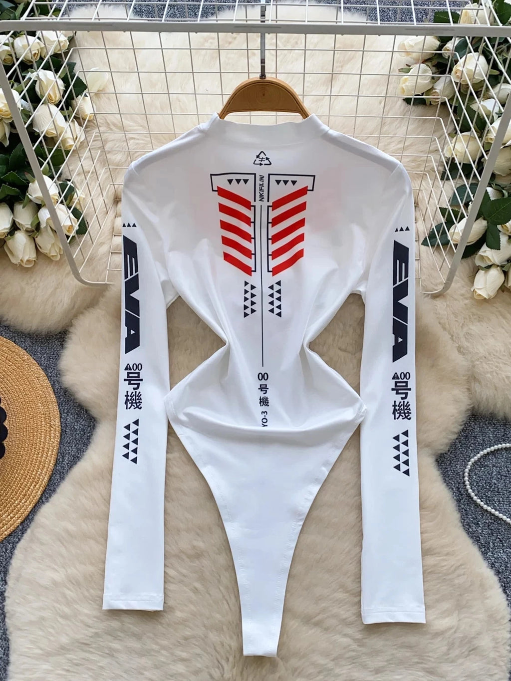Spring Summer Bodysuit Women Motorcycle Suit Print Mock Neck Slim Long Sleeve Stretchy Jumpsuit Top T-shirt Moto Biker 63930