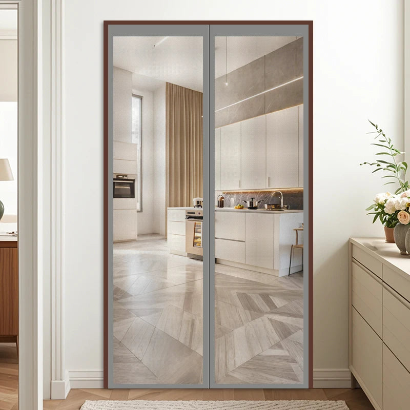 Grey Summer Magnetic Screen Door No-Drill Fiberglass Mesh Mosquito-Proof Breathable Decorative Home Screen Door Curtain