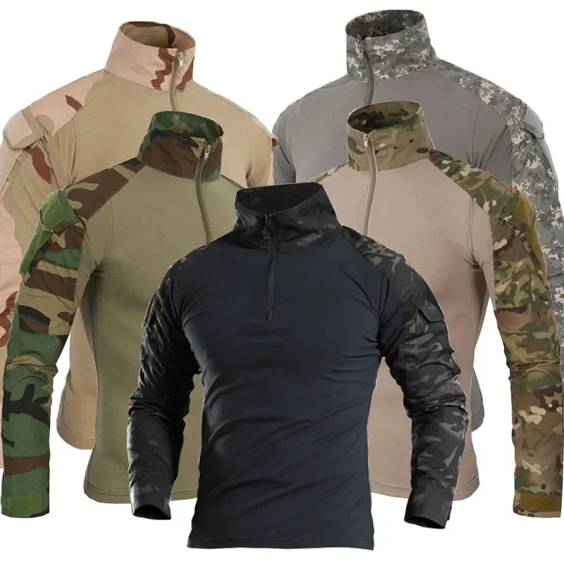 Outdoor Tactical Hiking T-Shirt, Men's Combat Army CP Camouflage Long Sleeve Hunting Climbing Shirt, Cotton Sportswear