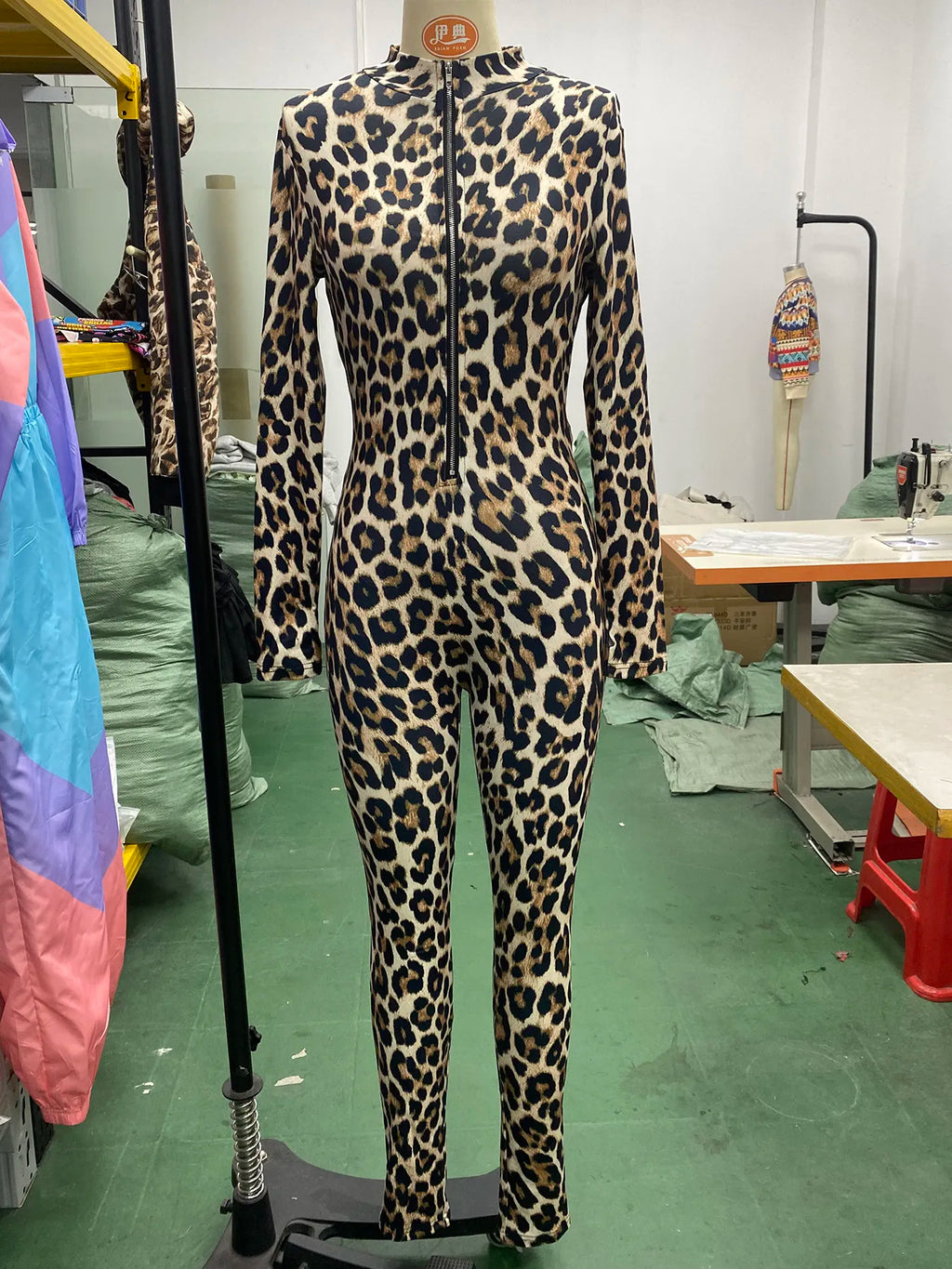 New 2026 Sexy Leopard Jumpsuit Women Knitted Tight Stretchy Zipper Full Length Pencil Pants Trousers Rompers Long Sleeve 63949