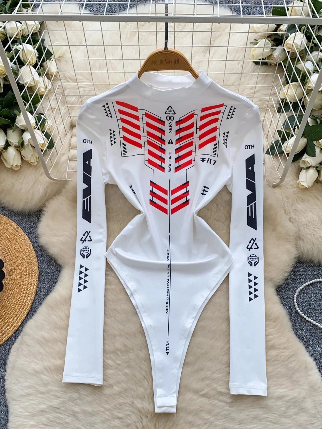 Spring Summer Bodysuit Women Motorcycle Suit Print Mock Neck Slim Long Sleeve Stretchy Jumpsuit Top T-shirt Moto Biker 63930