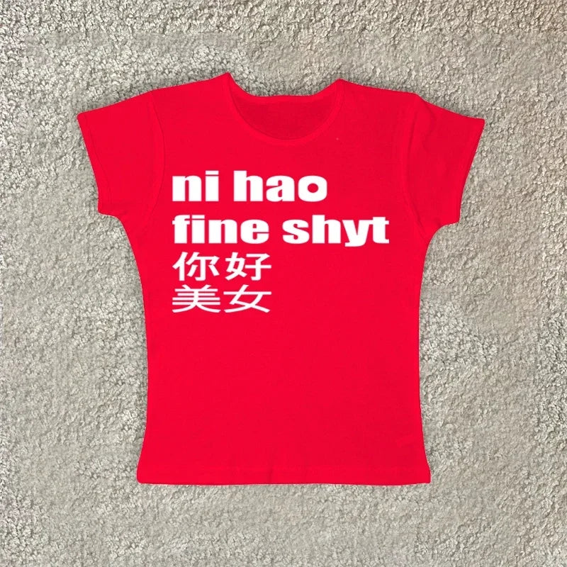 Retro Letter Pattern T-shirt Grunge Punk Rock Aesthetic Y2K Slim Fit Versatile Harajuku High Street Women Short Sleeve T-shirts