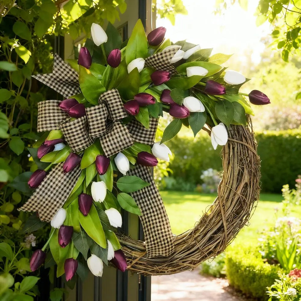 Spring Tulip Wreath, Door Hanging Decoration, Home Decoration Pendant, Festival Party Decoration Simulation Flower