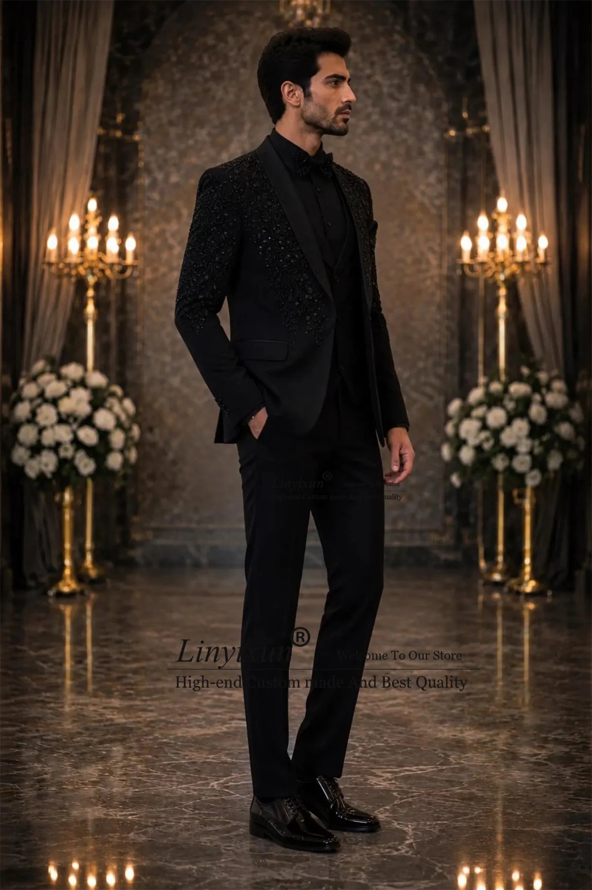 Handmade Ornament Stone Tuxedos Men Suit Customized 3 Pieces Sets Groom Male Blazers Wedding Slim Party Man Clothes ropa hombre