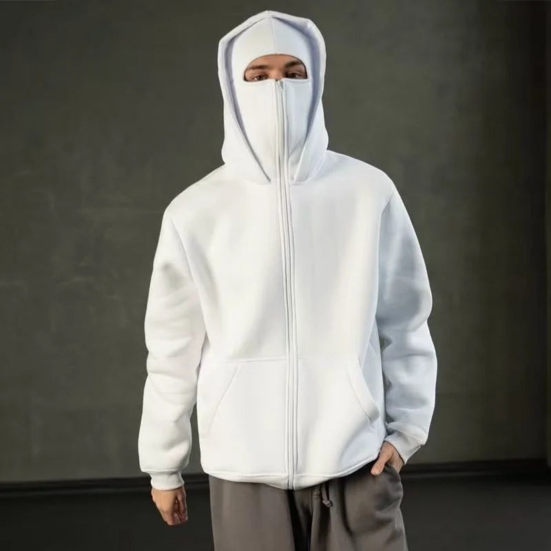 2024 New Men's Double Hat Mask Zipper Jacket Winter Windproof Hooded Sportswear Gothic Style Harajuku Loose Coat Outdoor Hiking