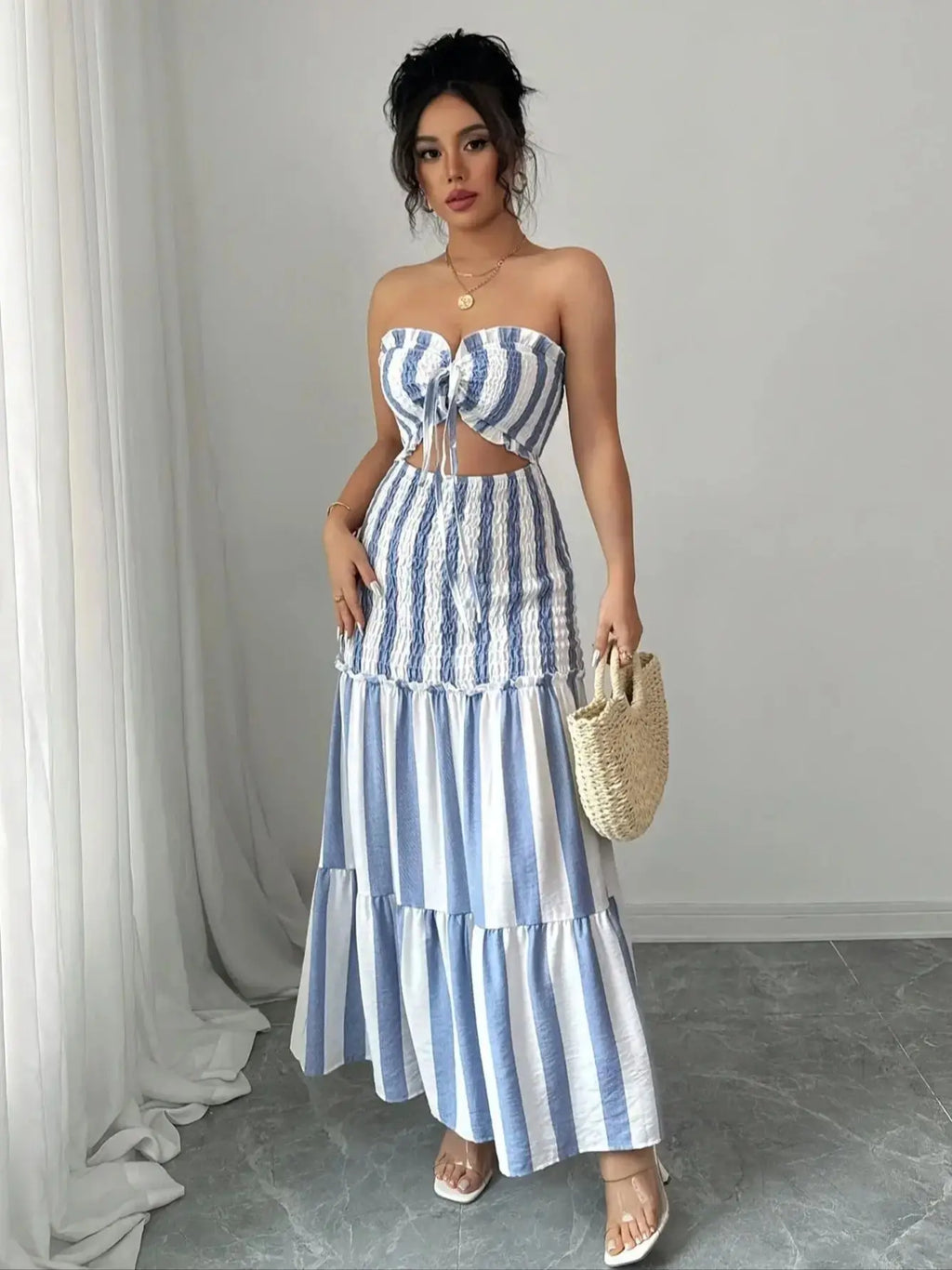 Fashionable Striped Off-Shoulder Dress Women's Front-Braided Gathered Skirt Elegant Gown for Ladies