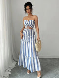 Fashionable Striped Off-Shoulder Dress Women's Front-Braided Gathered Skirt Elegant Gown for Ladies