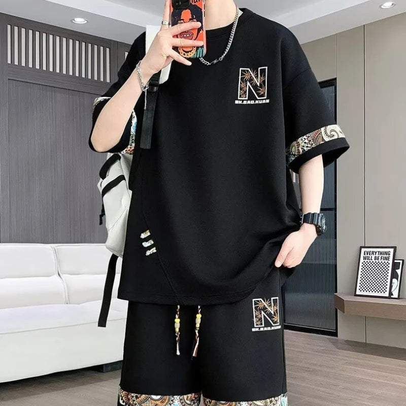 2025 New Men's Oversized Suit Korean High Street Fashion T-shirt Shorts 2 piece Set Men Trendy O Neck Top Designer Clothes Men