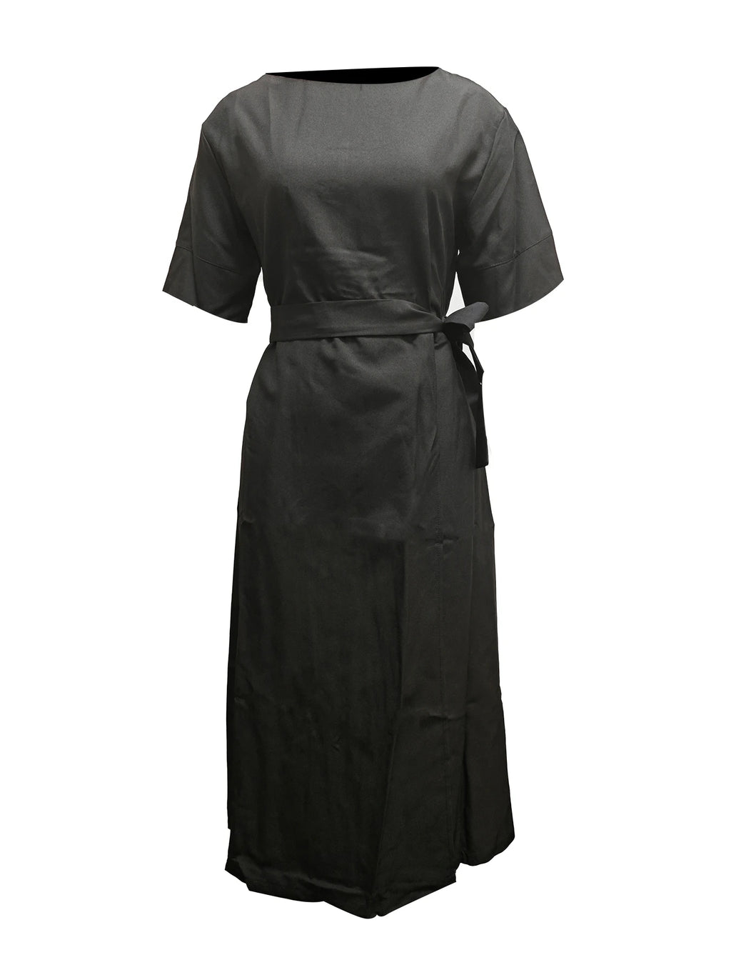 Elegant Boat Neck Half Sleeve Wrap Style Midi Dress With Waist Tie Belt And Textured Fabric Perfect For Office Wear Formal Event
