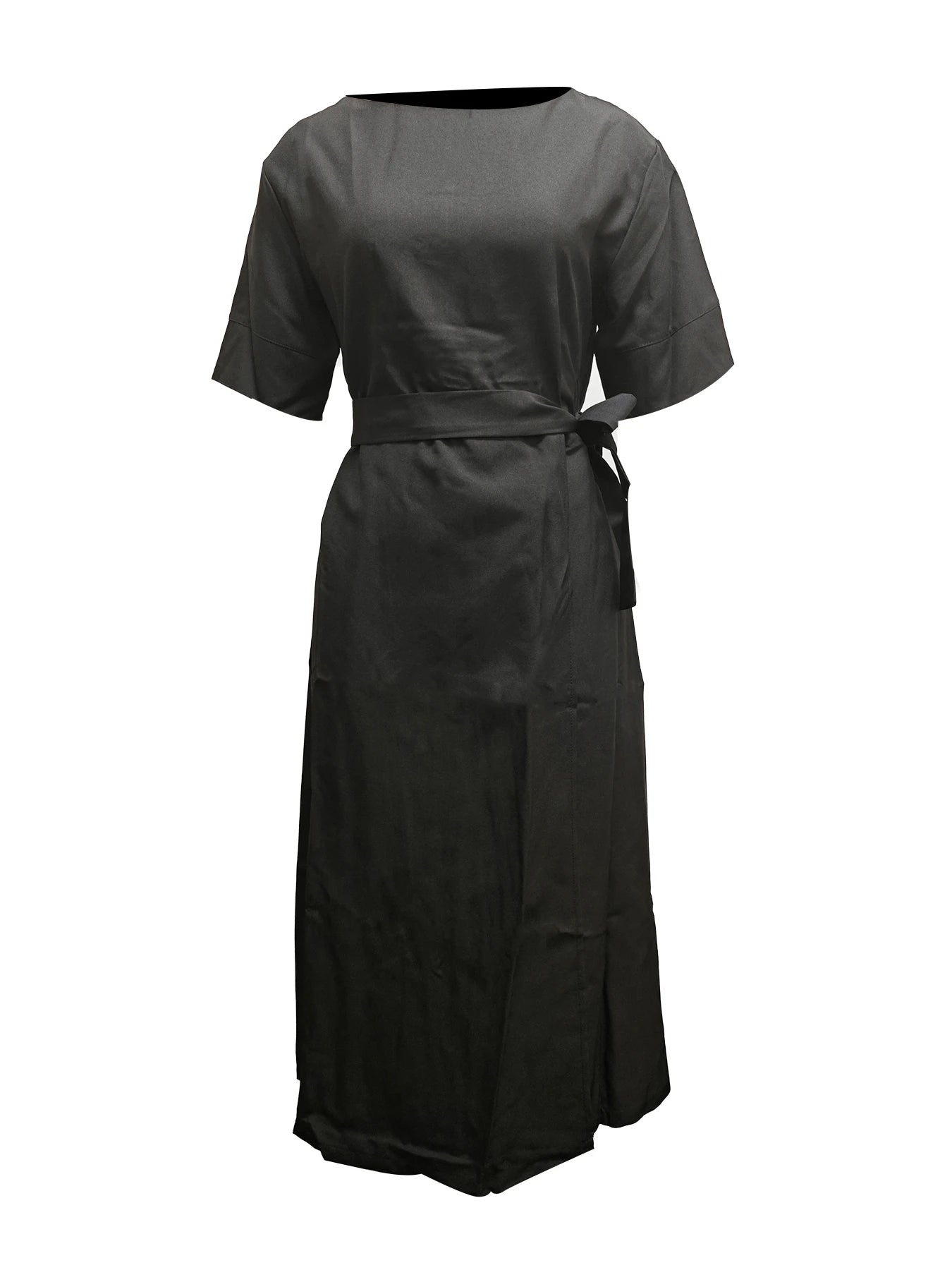 Elegant Boat Neck Half Sleeve Wrap Style Midi Dress With Waist Tie Belt And Textured Fabric Perfect For Office Wear Formal Event