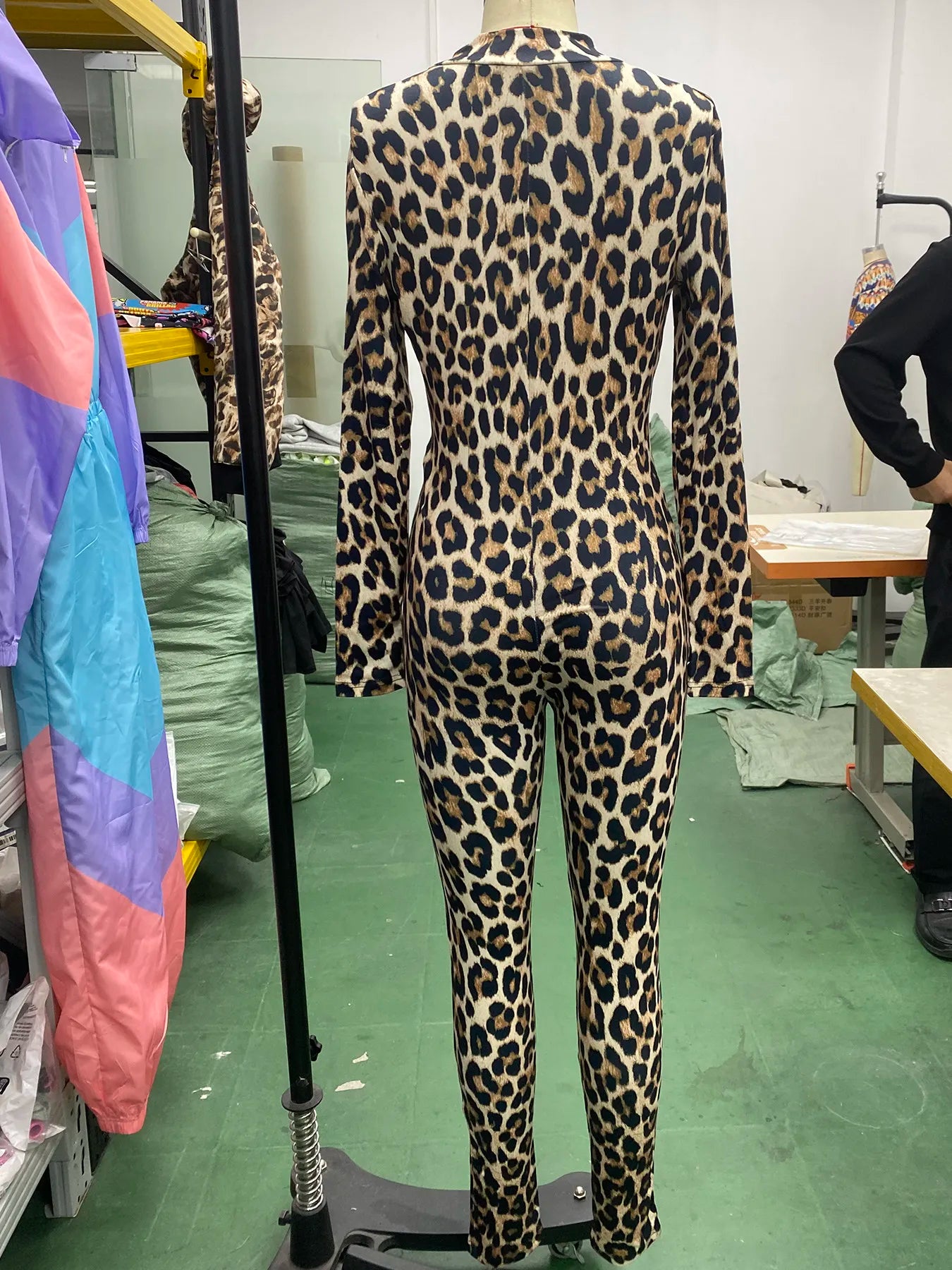 New 2026 Sexy Leopard Jumpsuit Women Knitted Tight Stretchy Zipper Full Length Pencil Pants Trousers Rompers Long Sleeve 63949
