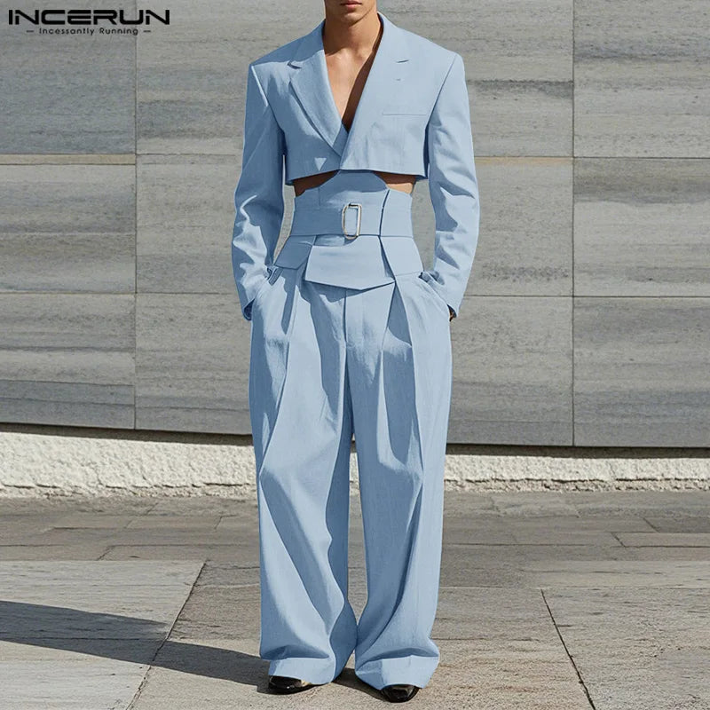 INCERUN Spring Autumn Men's Sets Long Sleeve Tops Solid Wide Leg Pants Men's Clothing Two-piece Sets Casual Suits Streetwear