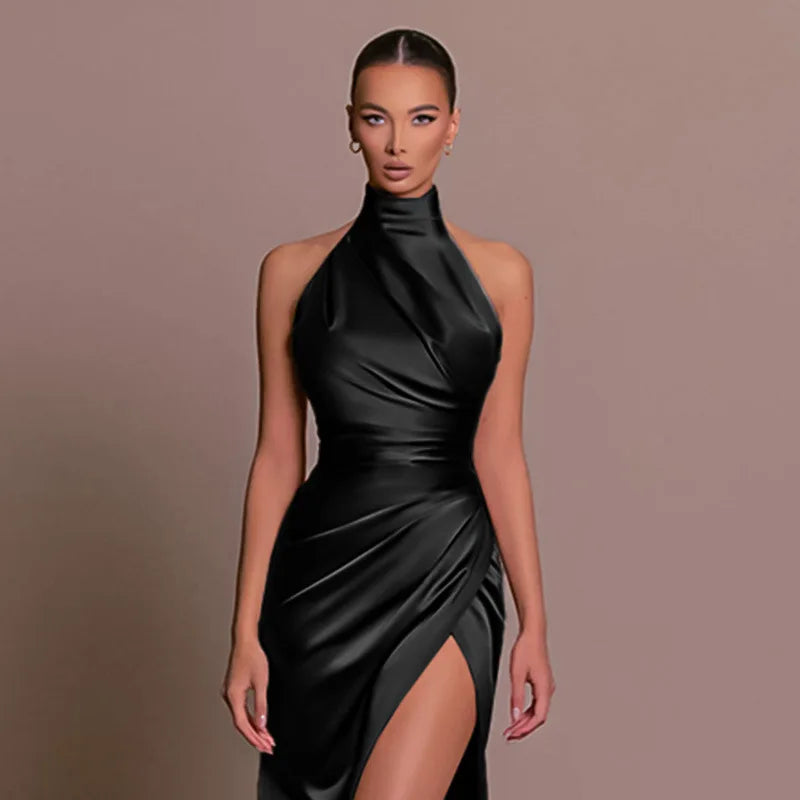 2026 Retro Style  Satin Halter Maxi Dress Elegant Waist Slimming High Slit Party Formal Events Solid Color Minimalism Long Skirt