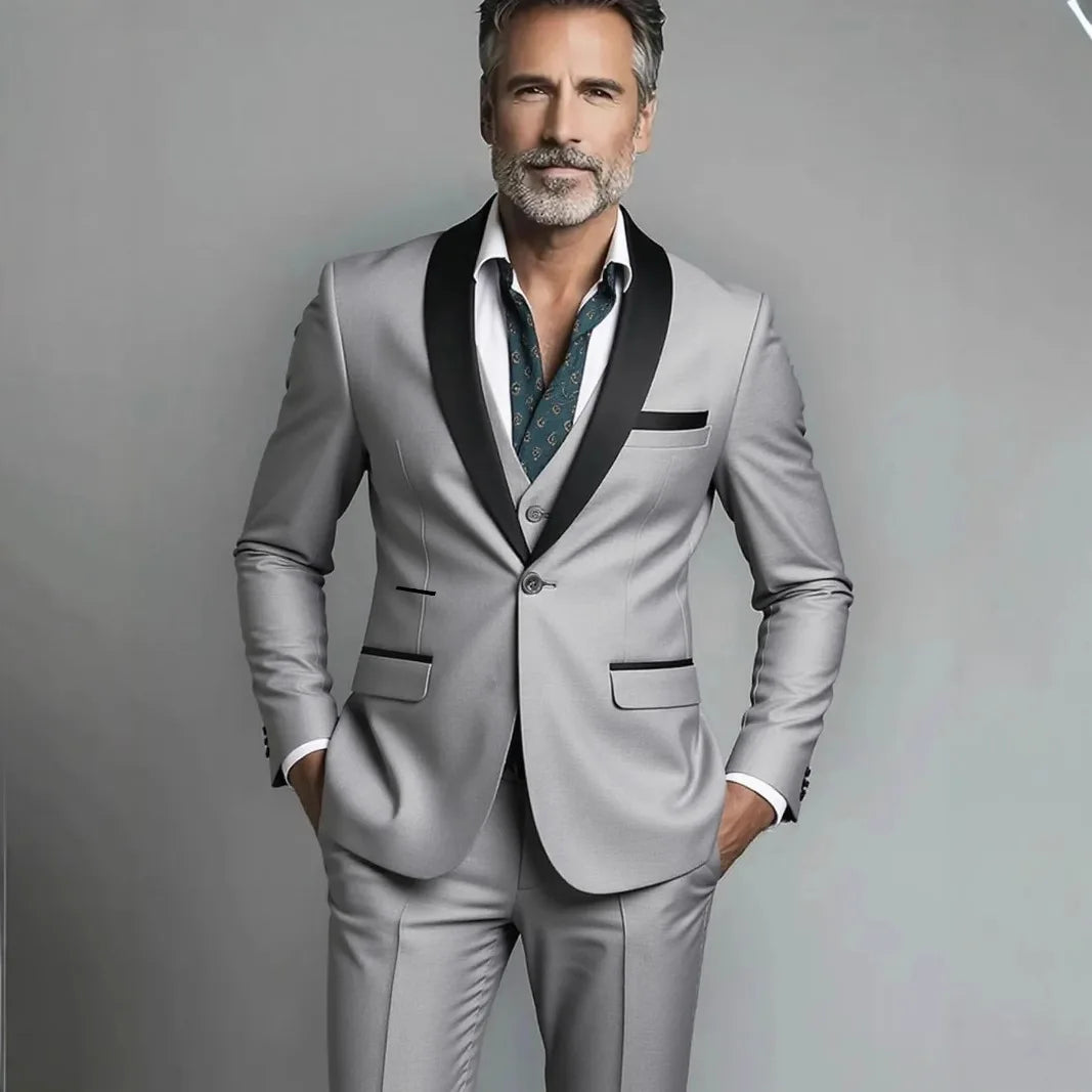 Black White Men Autumn Wedding Party Three Pieces Set Large Size Male Blazer Coat Pants and Vest Fashion Slim Fit Suit